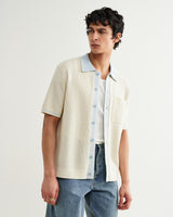 wax london men's Belle - Ecru Blue Tipped Pointelle Polo Shirt