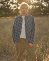 wax london men's Breton - Indigo And Ecru Geometric Grid Stitch Overshirt