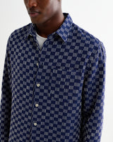 wax london men's Breton - Indigo And Ecru Geometric Grid Stitch Overshirt