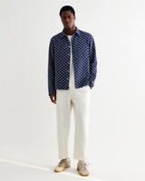 wax london men's Breton - Indigo And Ecru Geometric Grid Stitch Overshirt