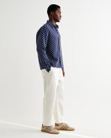 wax london men's Breton - Indigo And Ecru Geometric Grid Stitch Overshirt