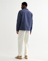 wax london men's Breton - Indigo And Ecru Geometric Grid Stitch Overshirt
