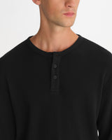 wax london men's Caleb - Washed Black Waffle Cotton Henley Long-Sleeve T-Shirt