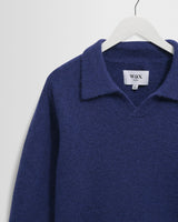 wax london men's Carter - Blue Open Collar Fluffy Wool Knit Polo