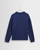 wax london men's Carter - Blue Open Collar Fluffy Wool Knit Polo