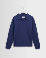 wax london men's Carter - Blue Open Collar Fluffy Wool Knit Polo