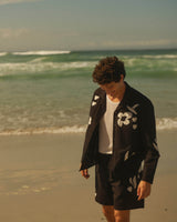 wax london men's Corey - Black And Beige Abstract Applique Cotton-Linen Shirt