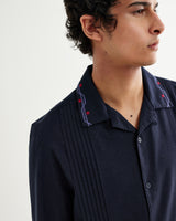 wax london men's Corey - Navy Pintuck Border Cotton-Linen Shirt