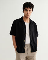 wax london men's Curzon - Black Lyocell Twill Short-Sleeve Shirt