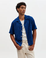 wax london men's Curzon - Blue Jacquard Viscose Short-Sleeve Shirt