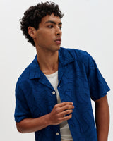 wax london men's Curzon - Blue Jacquard Viscose Short-Sleeve Shirt
