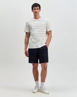 wax london men's Dean - Ecru And Blue Stitch Stripe Organic Cotton T-Shirt