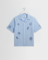 wax london men's Didcot - Blue And Ecru Doodle Seersucker Short-Sleeve Shirt