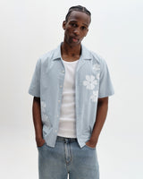 wax london men's Didcot - Blue And Ecru Floral Applique Short-Sleeve Shirt