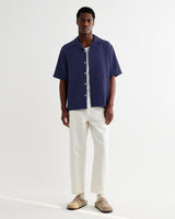 wax london men's Didcot - Dark Blue Double-Weave Seersucker Short-Sleeve Shirt