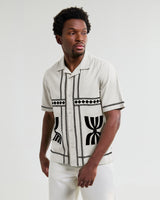 wax london men's Didcot - Ecru And Black Border Applique Short-Sleeve Shirt