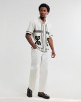 wax london men's Didcot - Ecru And Black Border Applique Short-Sleeve Shirt