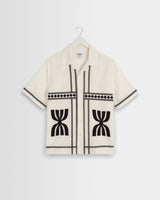 wax london men's Didcot - Ecru And Black Border Applique Short-Sleeve Shirt