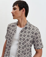 wax london men's Didcot - Ecru And Black Tile Print Short-Sleeve Shirt
