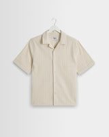 wax london men's Didcot - Ecru And Blue Seersucker Stripe Short-Sleeve Shirt