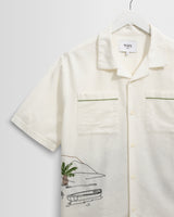 wax london men's Didcot - Ecru And Multicolour Embroidered Short-Sleeve Shirt