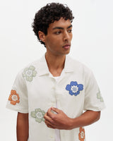 wax london men's Didcot - Ecru And Multicolour Floral Applique Short-Sleeve Shirt