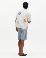 wax london men's Didcot - Ecru And Multicolour Floral Applique Short-Sleeve Shirt