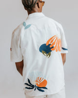 wax london men's Didcot - Ecru And Multicolour Flower Embroidered Short-Sleeve Shirt