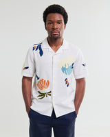wax london men's Didcot - Ecru And Multicolour Flower Embroidered Short-Sleeve Shirt