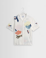 wax london men's Didcot - Ecru And Multicolour Flower Embroidered Short-Sleeve Shirt