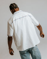 wax london men's Didcot - Ecru Cross-Stitch Border Short-Sleeve Shirt