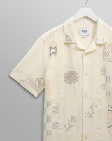 wax london men's Didcot - Ecru Doodle Embroidered Short-Sleeve Shirt