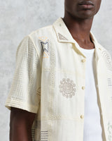 wax london men's Didcot - Ecru Doodle Embroidered Short-Sleeve Shirt