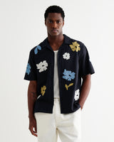 wax london men's Didcot - Navy And Multicolour Floral Applique Short-Sleeve Shirt