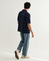 wax london men's Didcot - Navy Cross-Stitch Border Short-Sleeve Shirt