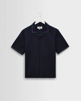 wax london men's Didcot - Navy Cross-Stitch Border Short-Sleeve Shirt