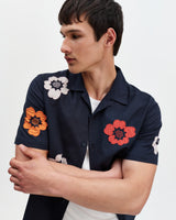 wax london men's Didcot - Navy Floral Applique Short-Sleeve Shirt