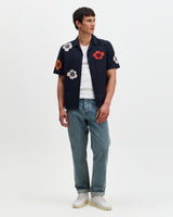 wax london men's Didcot - Navy Floral Applique Short-Sleeve Shirt