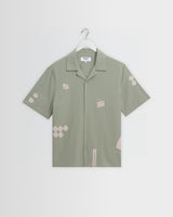 wax london men's Didcot - Sage And Ecru Scribble Applique Short-Sleeve Shirt
