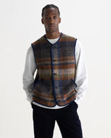 wax london men's Gower - Oatmeal And Multicolour Check Wool Gilet