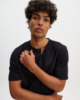 wax london men's Hill - Black Slub Organic Cotton Henley T-Shirt