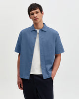 wax london men's Keats - Blue Cotton Seersucker Short-Sleeve Shirt