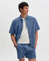 wax london men's Keats - Blue Cotton Seersucker Short-Sleeve Shirt