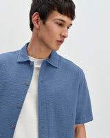 wax london men's Keats - Blue Cotton Seersucker Short-Sleeve Shirt