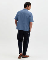 wax london men's Keats - Blue Cotton Seersucker Short-Sleeve Shirt