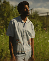 wax london men's Keats - Light Blue And Rust Embroidered Short-Sleeve Shirt
