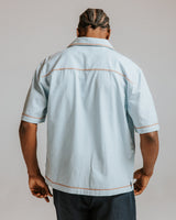 wax london men's Keats - Light Blue And Rust Embroidered Short-Sleeve Shirt