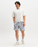 wax london men's Kurt - Ecru And Blue Geometric Embroidered Shorts