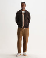 wax london men's Lennox - Brown And Natural Long-Sleeve Knitted Zip Polo