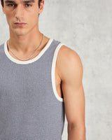wax london men's Montague - Blue And Ecru Striped Ribbed Organic Cotton Vest